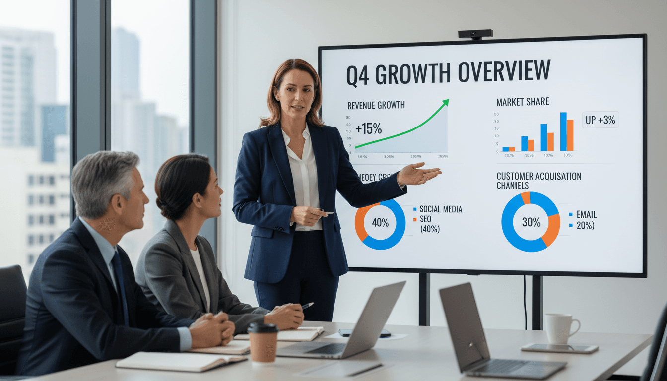 Marketing consultant reviewing analytics and performance metrics with client