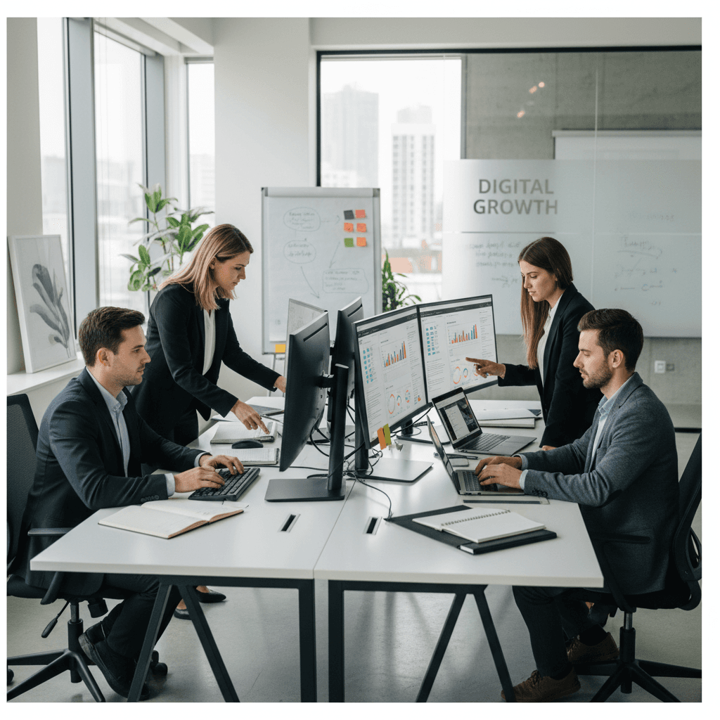 Digital marketing professional team collaborating on strategy